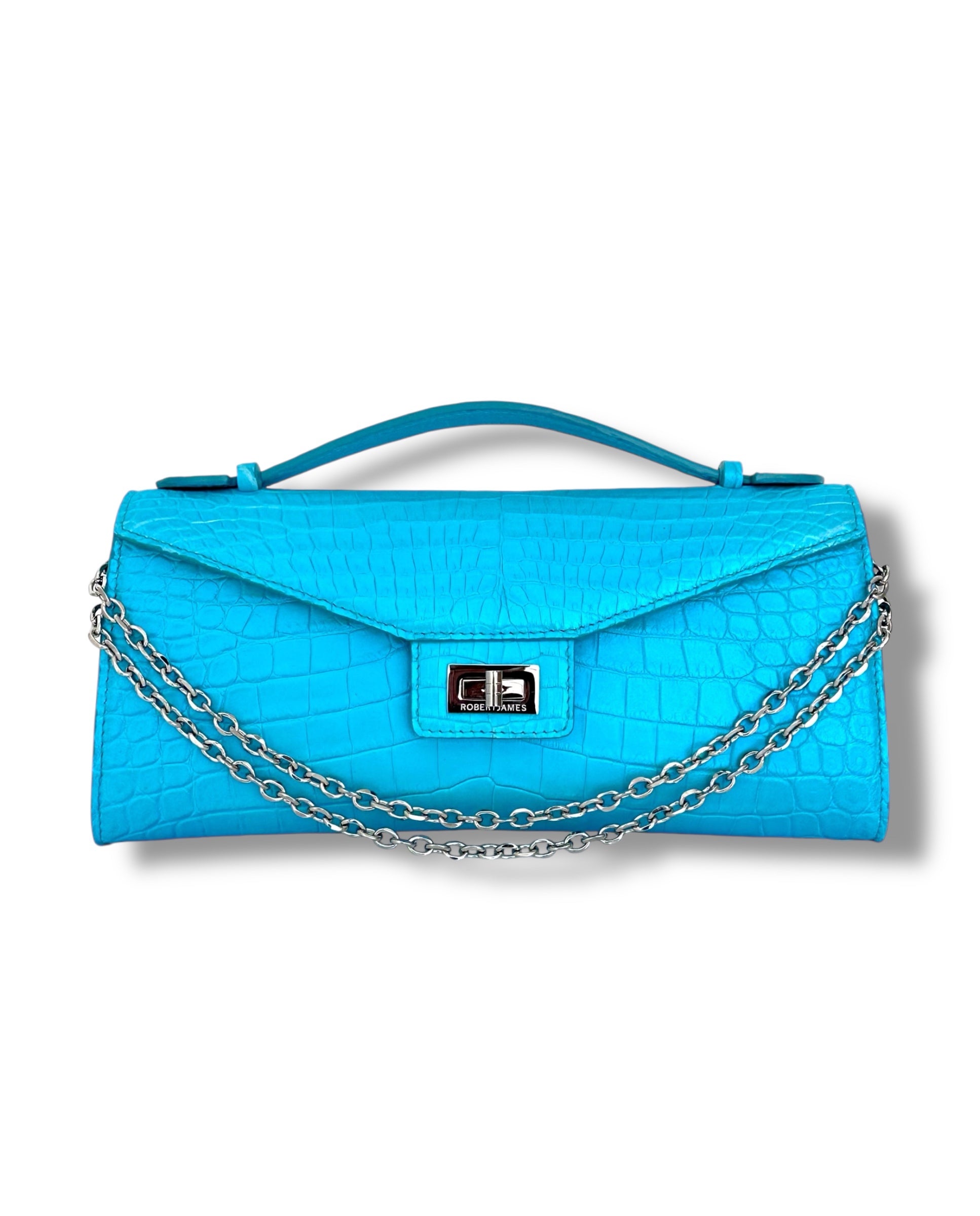 Iridescent Shimmering Tiffany Blue Alligator - Minnie Pochette - American-made, Luxury Leather