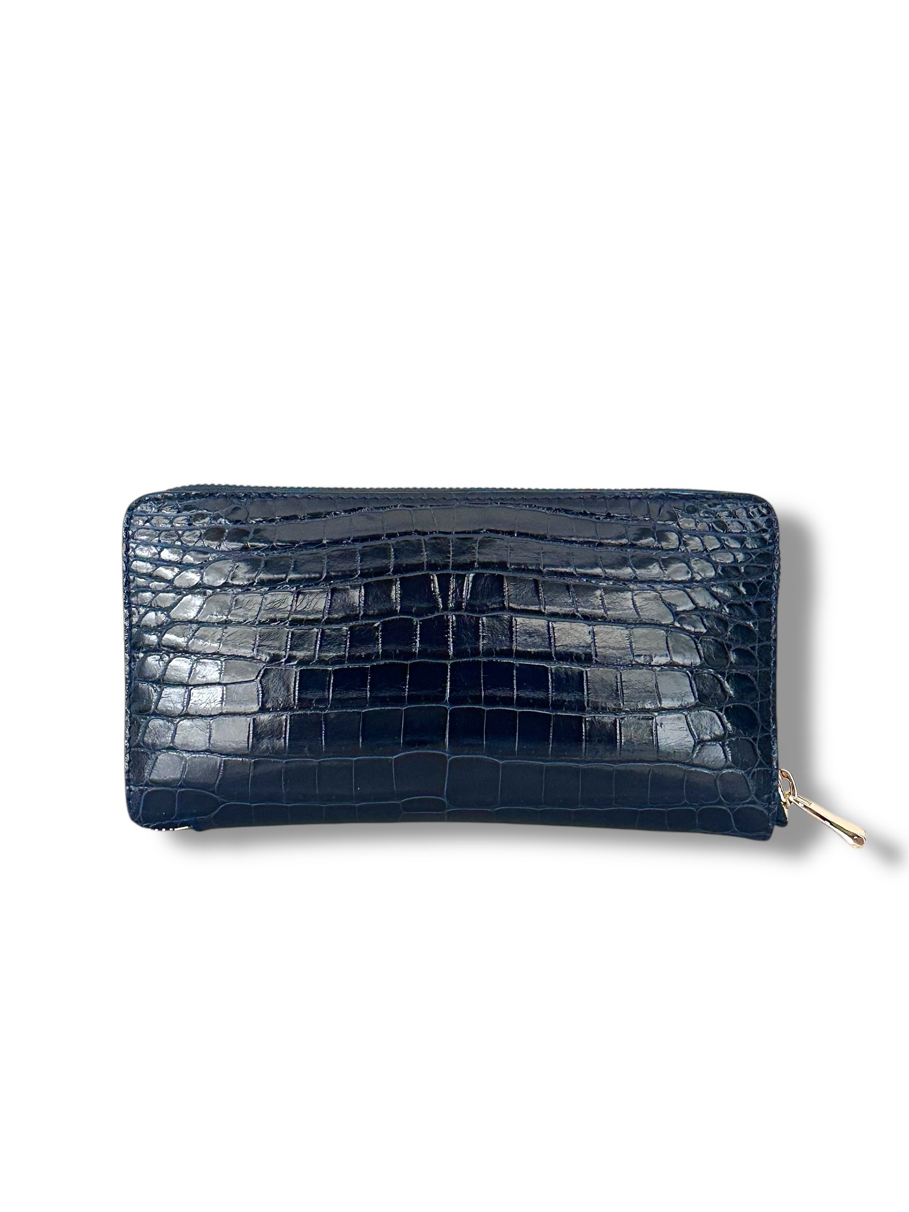 ネイビー レザー ジップウォレット Mini zip around wallet in rugiada leather navy blue