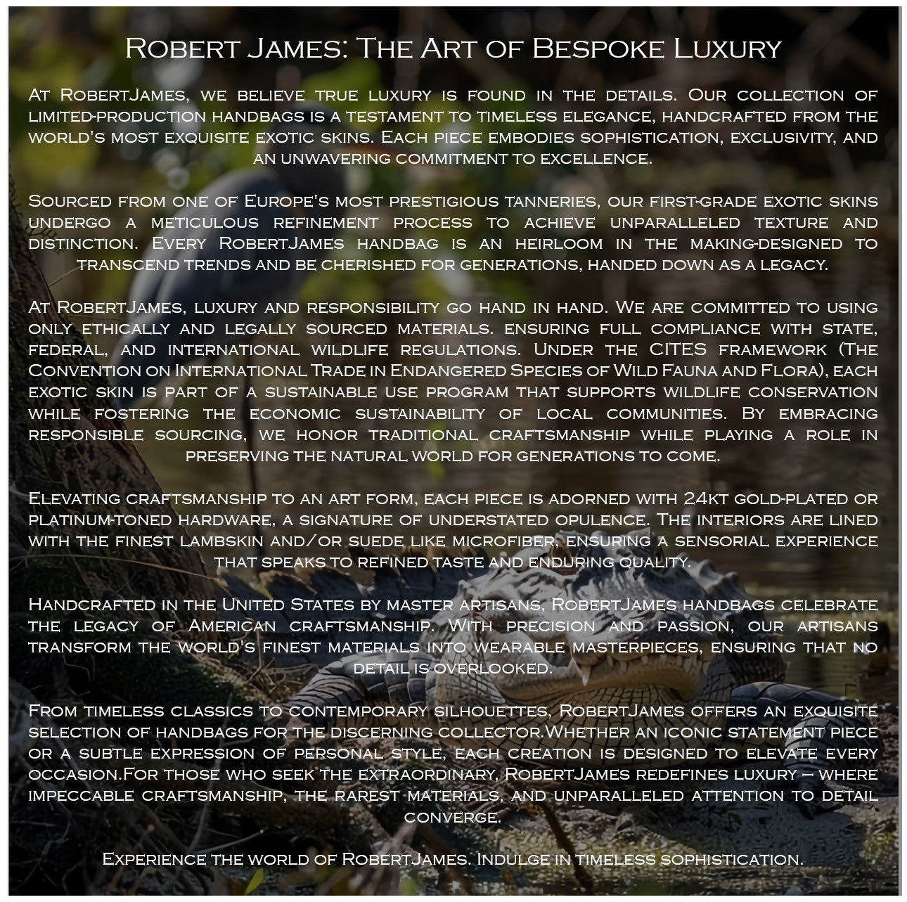 Text about Robert James handbags with a dark background