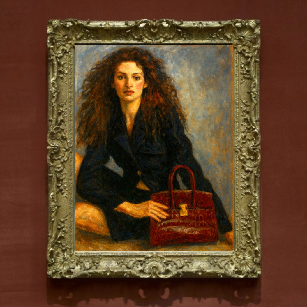 Oil painting of a woman holding a red handbag in a decorative frame.